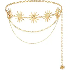 Gold Waist Chain Belt for Women - Sun Moon Design, Fashion Accessories for Dress Jeans, Body Belly Belt Chains Jewelry belt belts