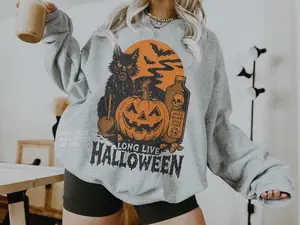 Vintage Long Live Halloween Sweatshirt UNISX Nostalgia Halloween Crewneck 90s Horror Movie Shirt Witchy Pumpkin Spooky Black Cat Lover Gift