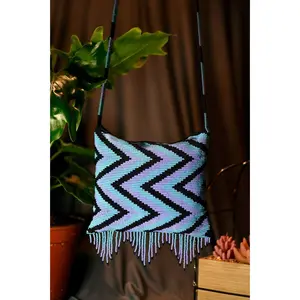 Chevron - Geometric Beaded Purse in Blue & Purple Tones - Handmade by Huichol Artisans - Mother Sierra