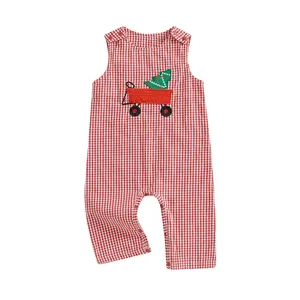 Baby Boy Girl Romper Overalls Pants Red Plaid Christmas Santa Embroidery Sleeveless Button Straps  Jumpsuit