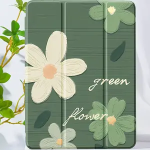 Green oil painting floral print pattern, with adjustable stand and pen slot, foldable non-slip TPU protective case, suitable for iPad mini, iPad Air, iPad Pro/iPad 10th generation, 11th generation and other series iPad protective cases