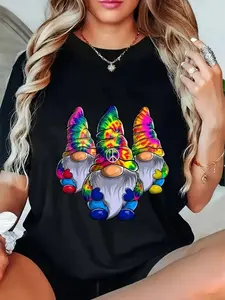 Women's Black T-Shirt with Three Tie-Dye Gnomes & Peace Sign Design - Bohemian Hippie-Inspired Casual Short Sleeve Round Neck Top, Regular Fit for Casual Attire, Allseason Clothing, Medium Elasticity Fabric, Relaxed Outfit, Graphic Tee, Breath