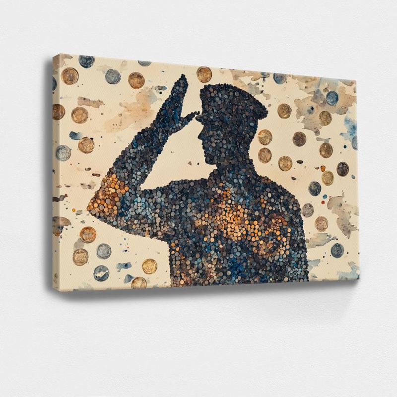 watercolor mosaic composed entirely of tiny painted military medals that form a larger image of a saluting silhouette when viewed from a distance, Wrapped Framed Canvas Wall Art, Vintage Prints Poster - Framed, Horizontal Decor Wood