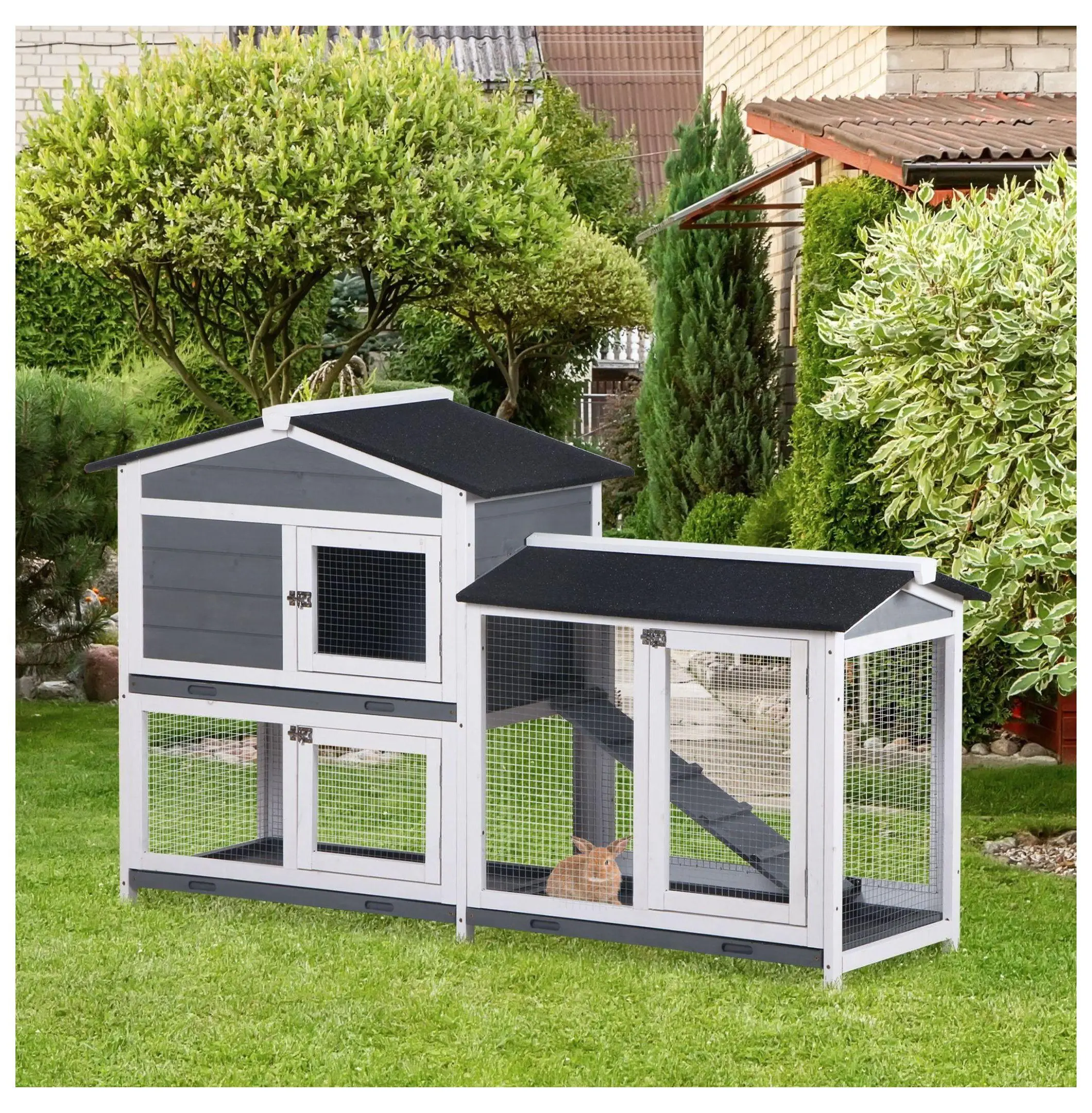 Rabbit Hutch 2-Tier Indoor Outdoor, Wood Rabbit Enclosure with Run, Small Animal House Backyard - 62" L x 20.75" W Grey