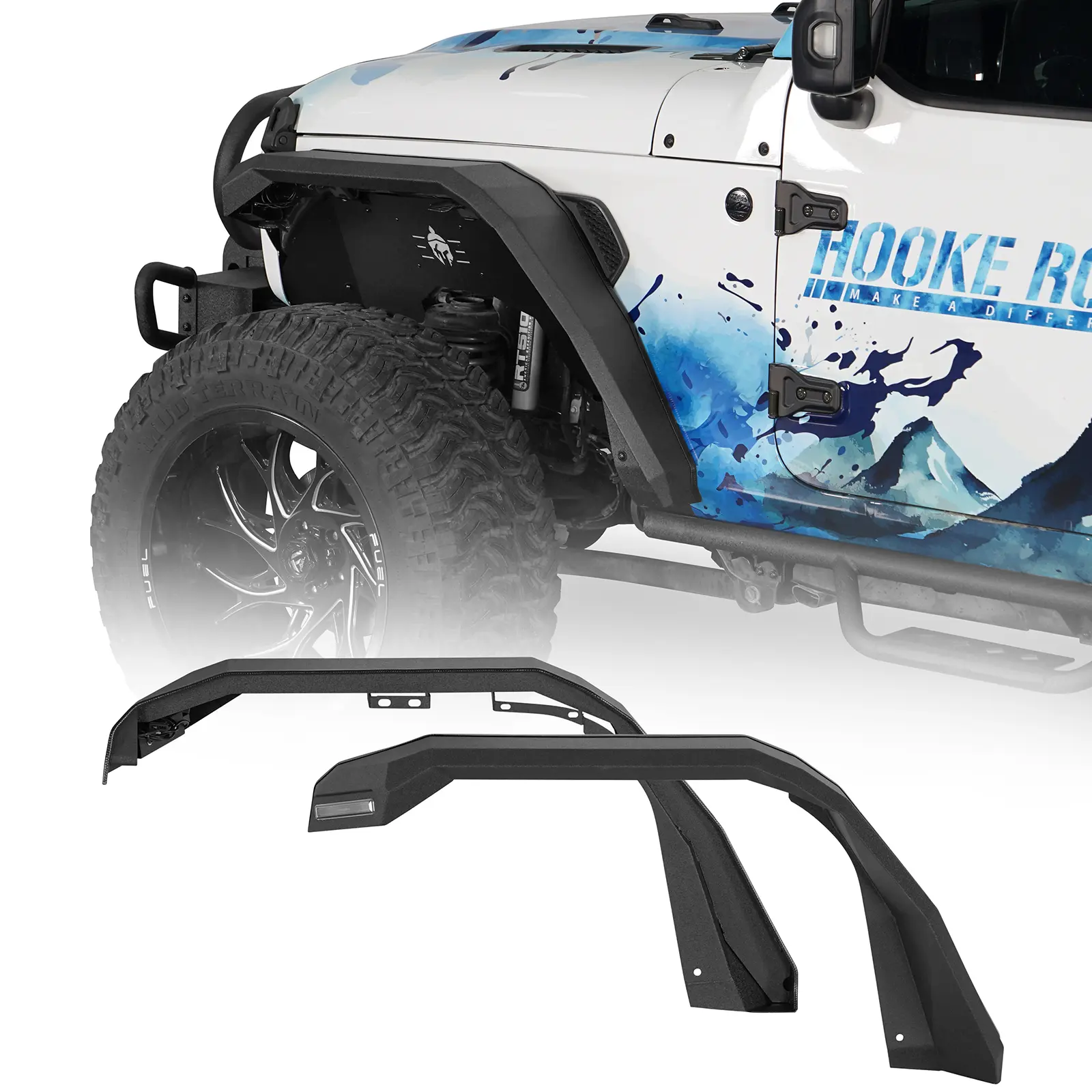 Hooke Road Rubber & Heavy-Duty 16-Gauge Steel Flat Front Fender Flares with 2 LED Turn Signal Lights, 6.8-in Width, Extra Protection, Additional Tire Coverage & About 40 lbs for 2018-2026 Jeep Wrangler JL, 2020-2026 Gladiator JT