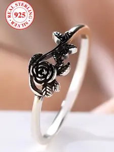 S925 Sterling Silver Ring with Leaf Rose Design, Vintage Unisex Fashion Ring, Blackened Finish, Includes Box, All Seasons Jewelry Gift