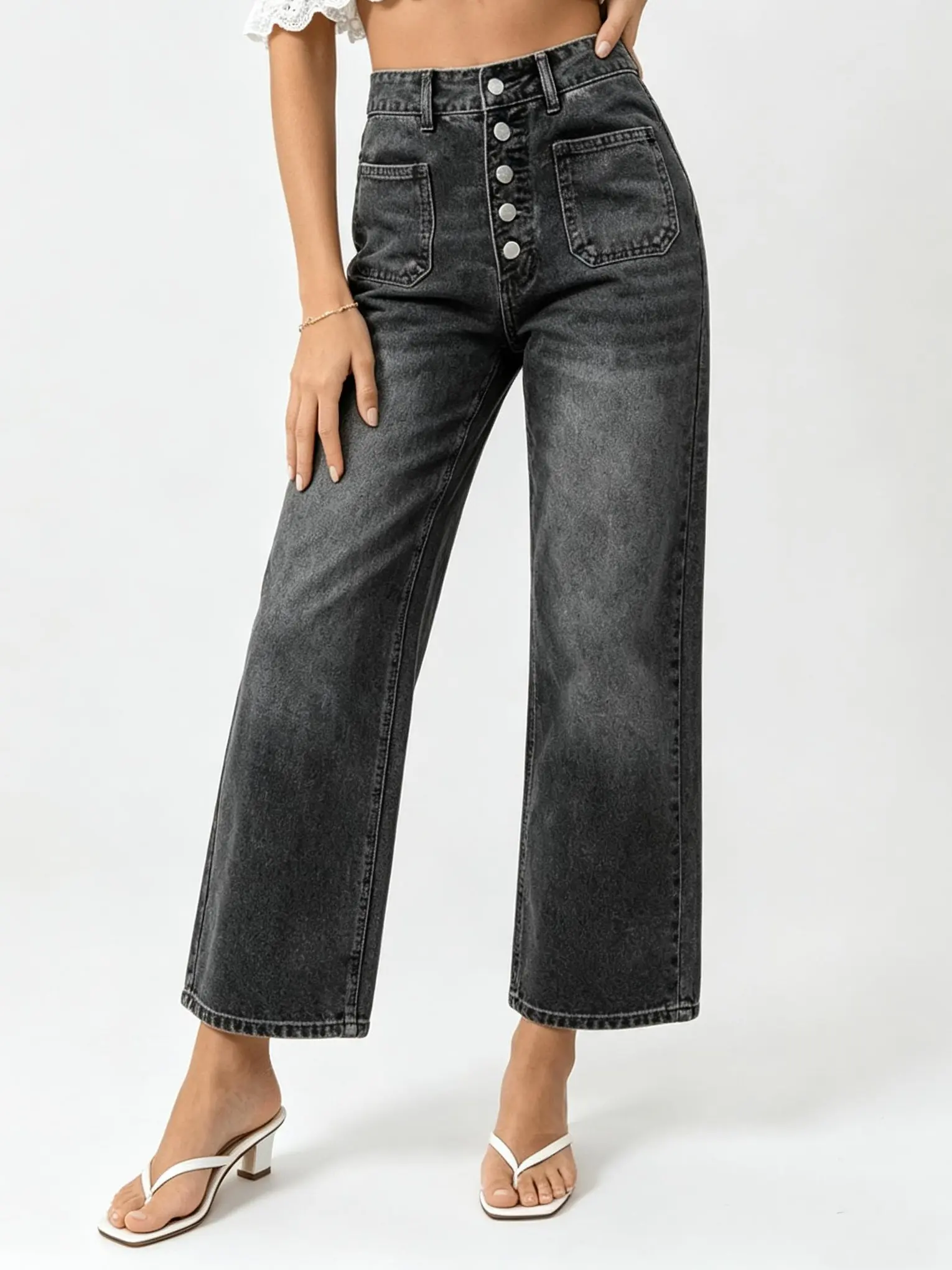 Women's Fashion Womenswear Straight Leg Loose Stretchy Lightweight Stretchy Jeans Buttoned Loose Denim Pants with Pocket Cropped Black Palazzo Jeans