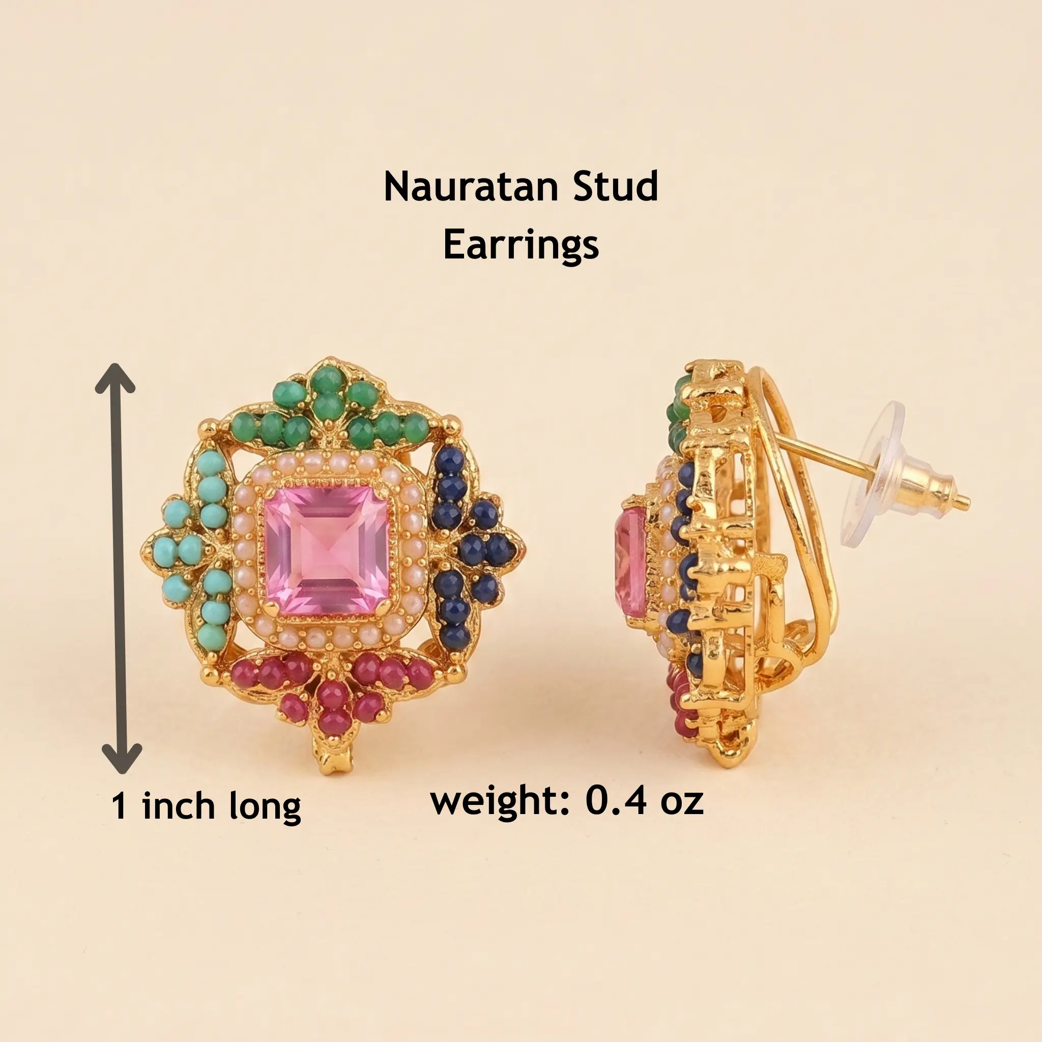 Nauratan Stud Earrings - 1 Inch long - Good Quality Pakistani Jewelry
