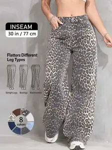 Women's Leopard Print Denim Jean Multicolor High-Waisted Loose Flared Pants Post-Apocalyptic Casual Streetwear All Seasons vintage wash essential denim stretchy denim relaxed fit everyday essential comfort stretch