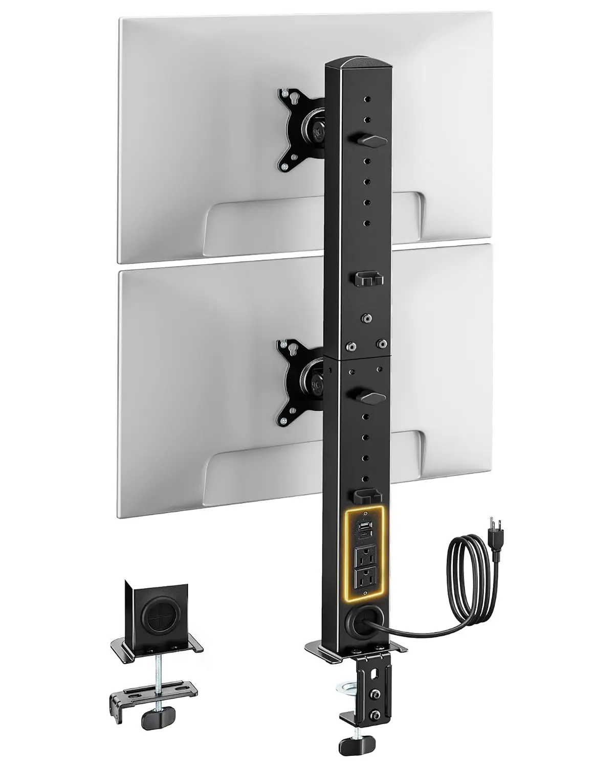 monTEK Single/Dual Monitor Desk Mount for 17-32" Monitors, Desk Clamp/Grommet Installation, Integrated Power Outlet, Adjustable Arms