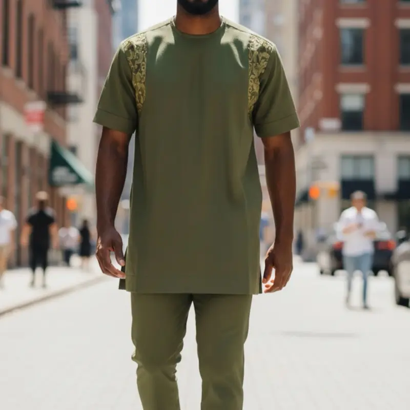 Exquisite 2-Piece Men's Native Wear Menswear Green with Yellow Embroidery