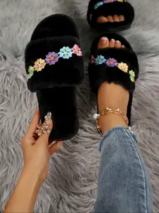 Women's New Fuzzy House Shoes, Casual Slipper Shoes, Fashionable Design with Colorful Flower Decor, Soft Plush, One-Piece Slip-On, Fall & Winter Comfort