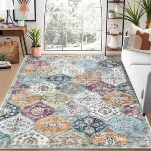【Christmas Gift】Yellow Living Room Rug 8x10 Vintage Accent Oriental Indoor Carpet Washable Rugs Non Slip Area Rug Low Pile Floor Cover Soft Folding Area Rug for Bedroom