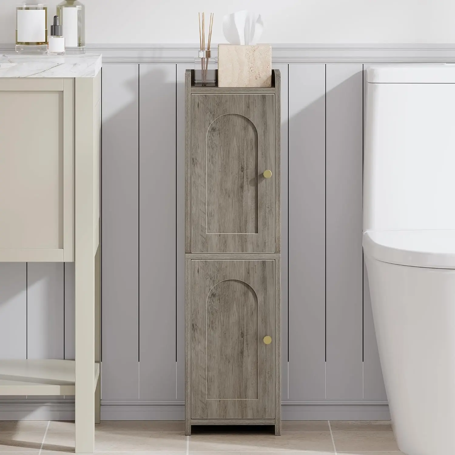Bathroom Storage Cabinet, Corner Floor Cabinet with 2 Doors and Adjustable Shelf, Narrow Toilet Paper Cabinets, Bathroom Organizer for Small Spaces, Greige BC49905X