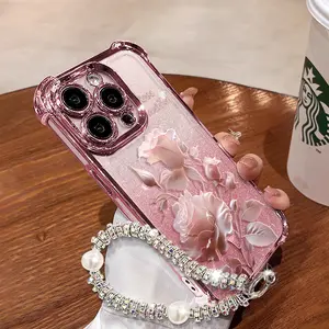 Dusty Pink Rose Pattern Women's Phone Case for iPhone 11/12/13/14/15/16 Pro Max,14/15/16 Plus,X,&XS Max. Features a silver chrome alloy frame,  reinforced corner protection, and full-body drop-resistant design.
