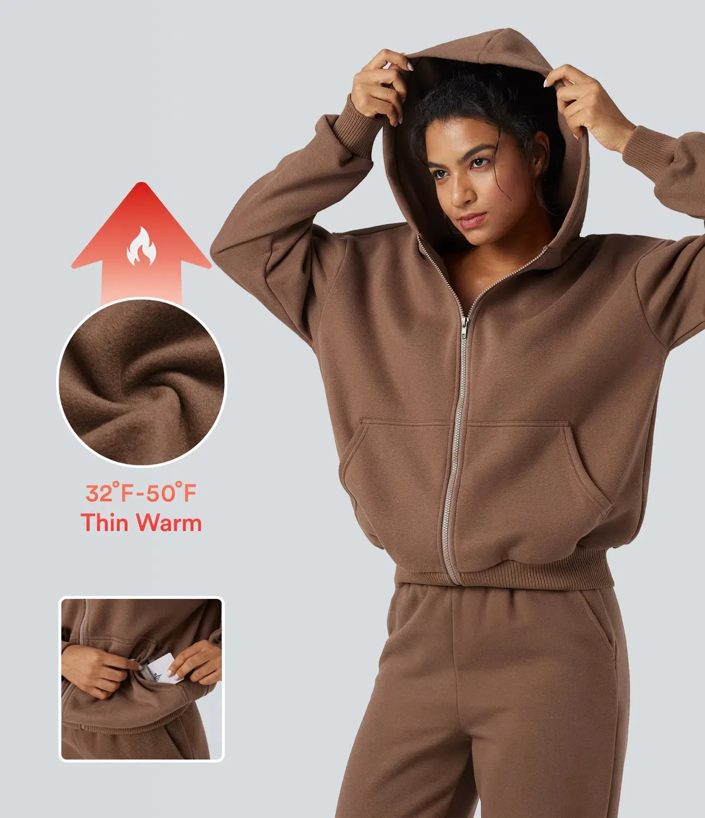 Halara Hooded Zip Fly Fleece Casual Sweatshirt with Pockets