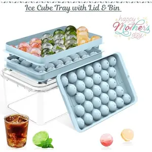 BPA-Free Round Ice Ball Maker Tray with Lid and Bin, Stackable Circle Molds, Kitchenware Bar Utensils for Whiskey, Cocktails, Freezer-Safe, Mother’s Day Gift