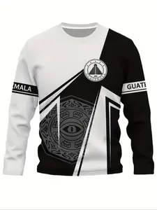Men's Guatemala Style Ethnic Graphic Tee Shirt, Round Neck Fitted Long Sleeve T-Shirt, Casual Streetwear Spring & Fall Wear, Stretch Polyester Blend Fabric