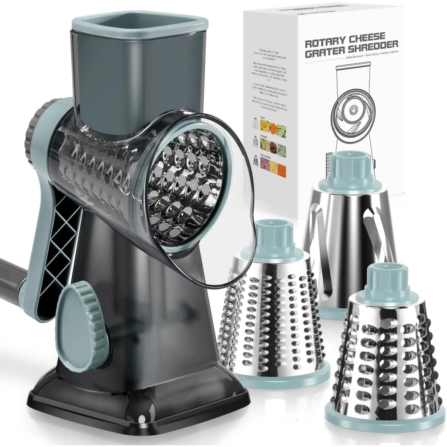 Rotary Cheese Grater Hand Crank Cheese Shredder Vegetable Mandoline Slicer for Kitchen 3 Changeable  for Cheese Potato Zucchini Nuts  - GreyBlue