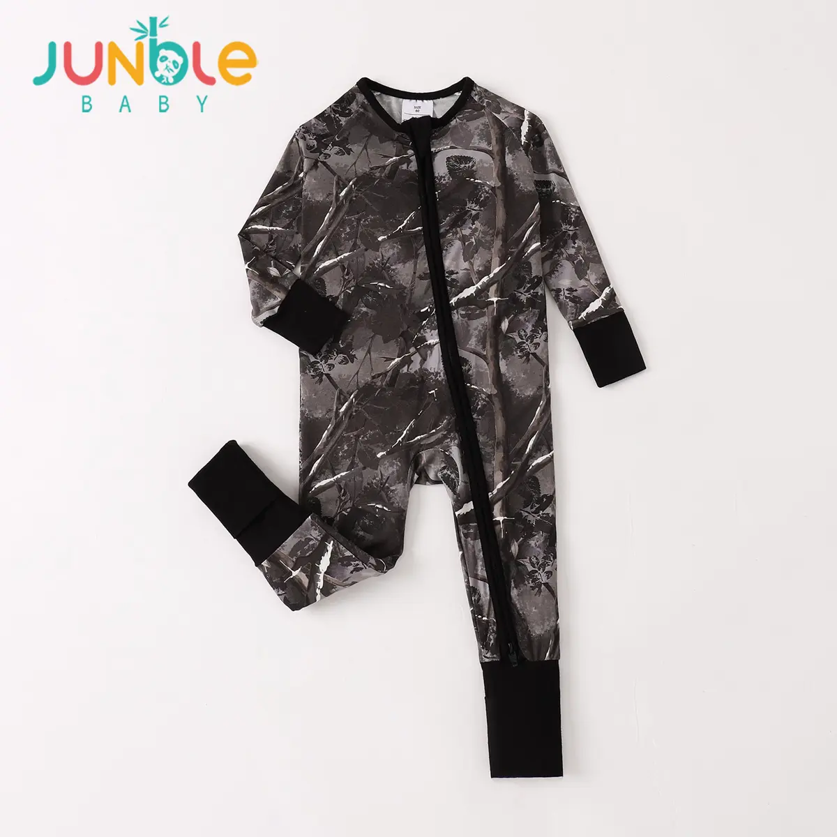 JUNBLEBABY Unisex Bamboo Long Sleeve Baby Romper - Dark Camo Forest Tree Branch Print Pajamas, 2-Way Zipper, Convertible Footies, Snug Fitting Sleepwear for Infants (0-24M)
