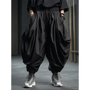 Mens Elastic Waist Ruffles Baggy Harem Trousers Fashion Loose Cargo Long Pants Casual Streetwear Trousers