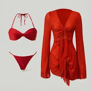 2026 classic halter-neck, bust-lifting mini bikini set; fashionable, sexy low-rise two-piece swimsuit with long pants; casual vacation beach swimwear outfit with cover-up and long pants set for hot springs.