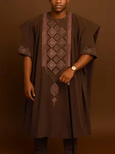 Agbada Men's 3-Piece Set with Embroidery, Round Neck, Pocket, Stylish Geometric Pattern, Short Sleeve Top, Loose Fit, Formal Wear for Weddings & Parties