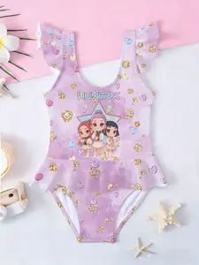 Girls' One-Piece Swimsuit Huntr/x Girl Group Q Version Printed Heart Pattern Colorblock Flutter Sleeves Ruffle Pool Beach Style Swimwear Bathing Suit Summer Swimwear