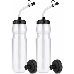 Lacrosse Water Bottle with Long Straw - 32oz Hockey Water Bottle 2 Pack with 2 Lids Each- BPA Free Squeeze Sports Water Bottles, Leakproof Dishwasher Safe- for Helmet,Lacrosse (Clear)