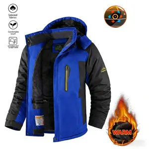 A color-matching fleece men's jacket, the style is outdoor leisure, the hooded design shows a casual texture, the inner fleece fabric is soft and skin-friendly, the side zipper pocket is added with practical details, and the version is loose and stretched