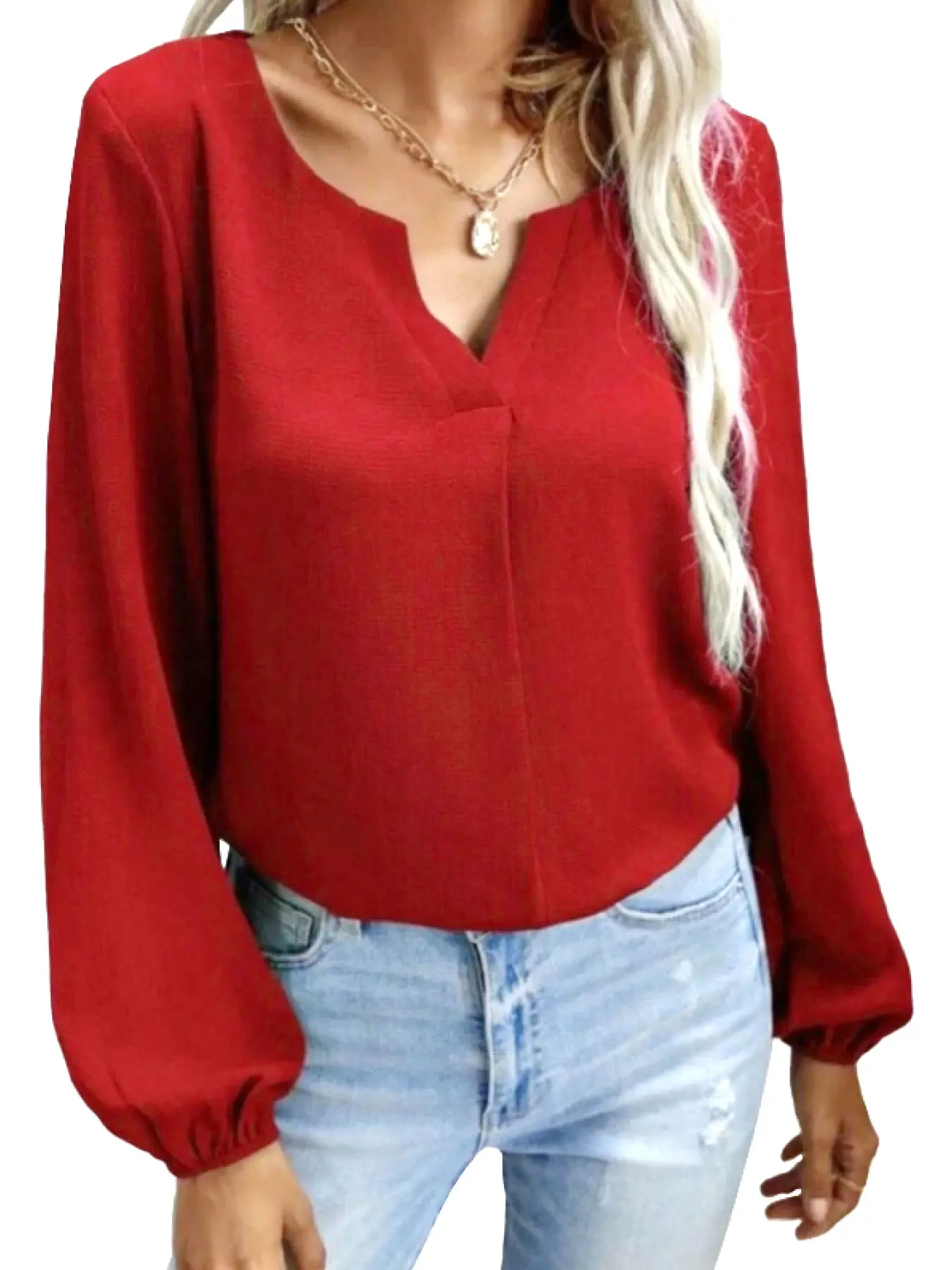 A women's red V-neck puff sleeve long-sleeved top, Casual Classy Top, retro commuting style loose and slimming shirt, suitable for autumn and winter, suitable for daily commuting, shopping, coffee shop visit and other scenes.