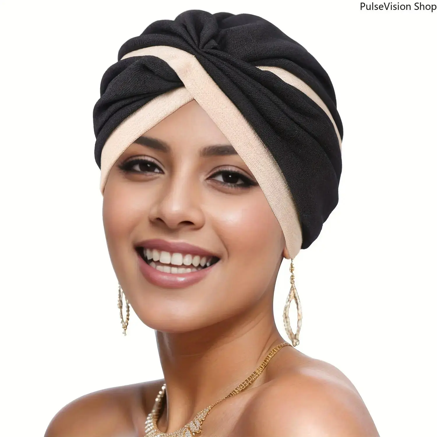 Knotted Turban Headwrap for Women, 2-Tone Striped Nylon Ethnic Style, All Seasons Fashion Hair Scarves Accessory (Black & Cream), Christmas, Engagement, Hair Scarf