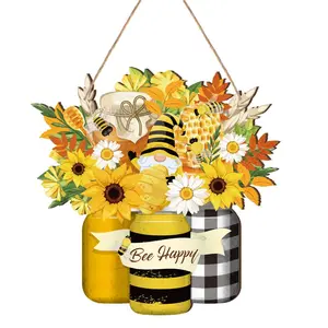 Wooden Bee Welcome Sign, Bee Flower Dwarf Hanging Door Decor, Farmhouse Porch Outdoor Decoration, Rustic Home Accent
