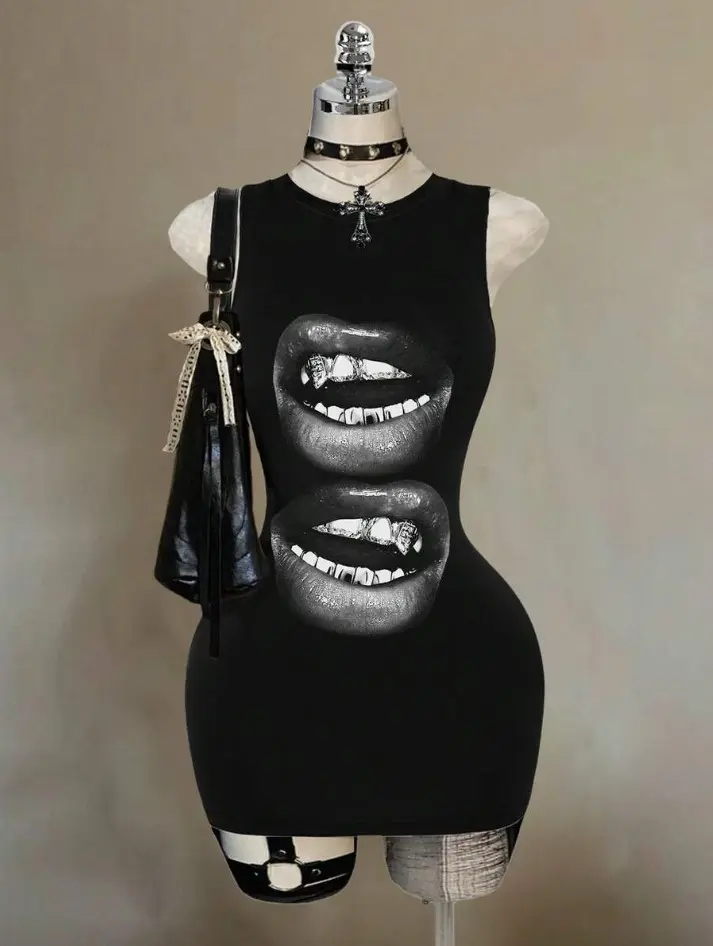 INAWLY Attitoon Casual Minimalist Street Style Lip Print Pattern Women's  Sleeveless Bodycon Dress, Versatile Vintage, Academia, Sexy, Cute Y2K,  Coconut Girl, Boho, Hippie, Music Festival Style, Suitable For  Autumn/Winter Graphic - TikTok