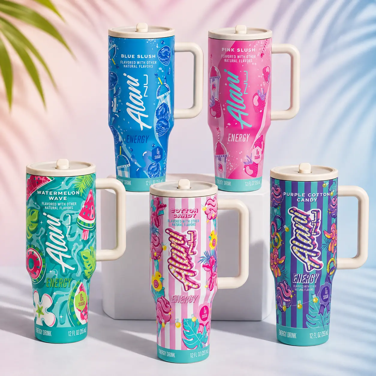 Alani Nu Energy Drink Inspired 40oz Flip Straw Travel Tumbler with Handle, Stainless Steel Travel Cup, Double Wall Insulated Coffee Mug with Lid
