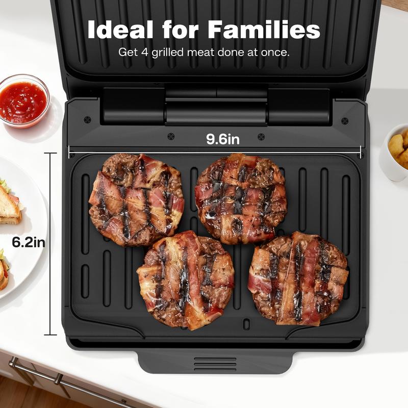 KEINVE 4-Serving Electric Grill and Panini Press, Tough Non-Stick Coating, Drip Tray Catches Grease, Black