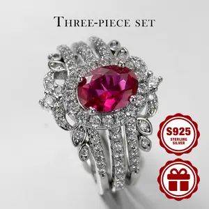 925 sterling silver three-piece set ring for women, red oval zirconia setting, suitable for ladies, for daily wear, wedding, as a gift for girlfriend, with gift box