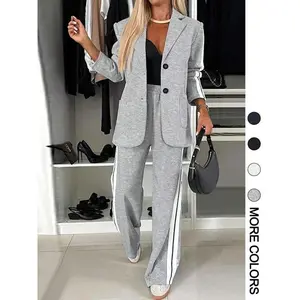 Women’s Striped Print Blazer Jacket & Wide-Leg Pants Set, Casual Fitted Suit for All Seasons, Stylish Ladies’ Clothing Ensemble Gift