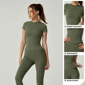 Solid color sports T-shirt set, round neck, slim fit, stretchy fabric, suitable for yoga and gym workouts, women's sportswear, sporty style clothing, fitness shirt, workout top, loose fitness shirt, fitness set