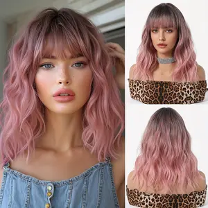 [Pink Gradient Ladies Wig] Pink Gradient Synthetic Wig - 16 Inch Short Curly Hair Ladies Wig for Daily or Cosplay Use