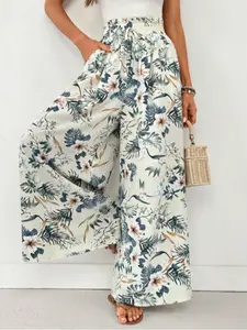 Women's Plants Print Floral Wide Leg Pants, Bohemian Casual Comfy Trousers for Daily Wear, Ladies Bottoms for All Seasons