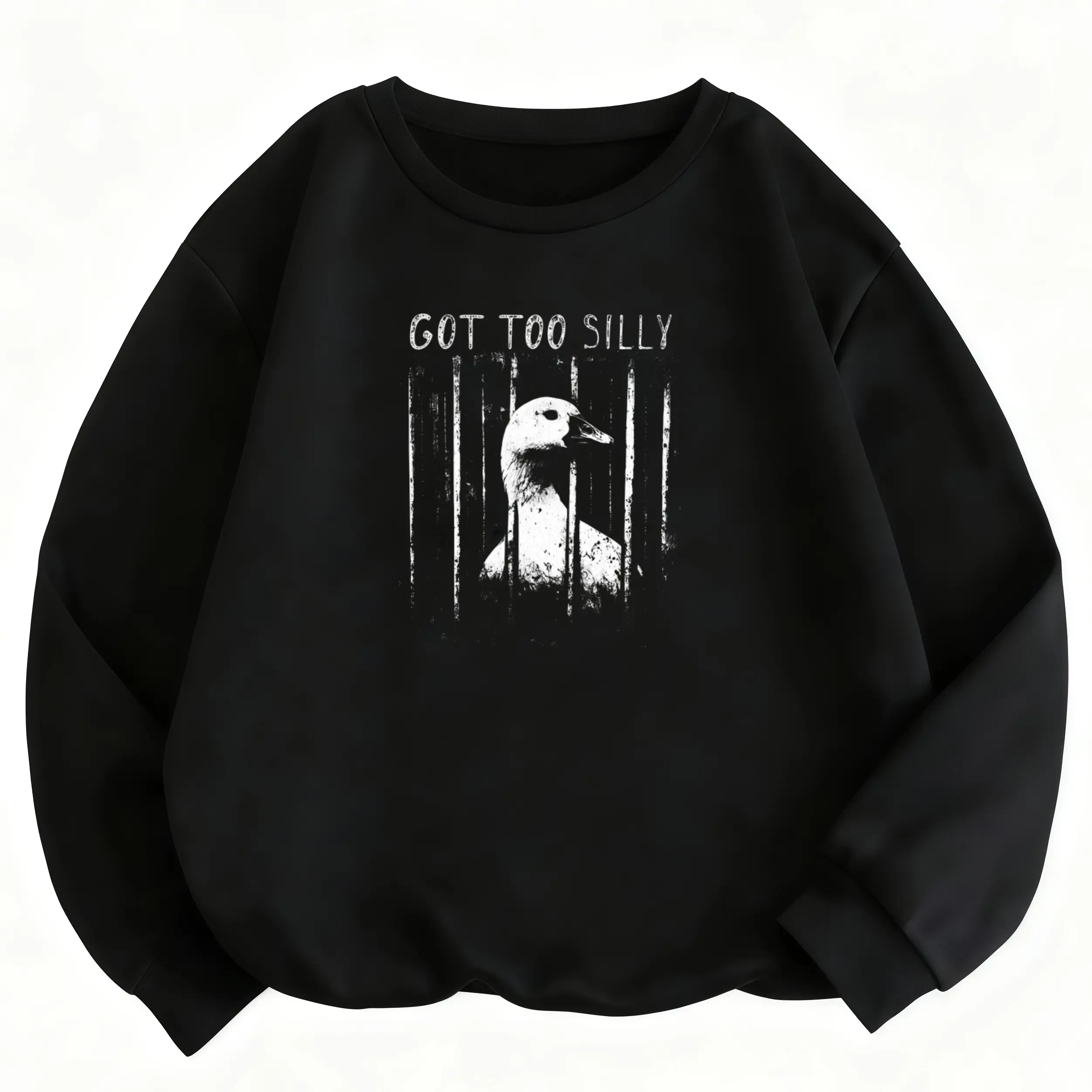 Unisex Long Sleeve Sweatshirt with Distressed Grunge Duck Behind Bars Graphic and 'Got Too Silly' Text – Casual Streetwear Meme Top