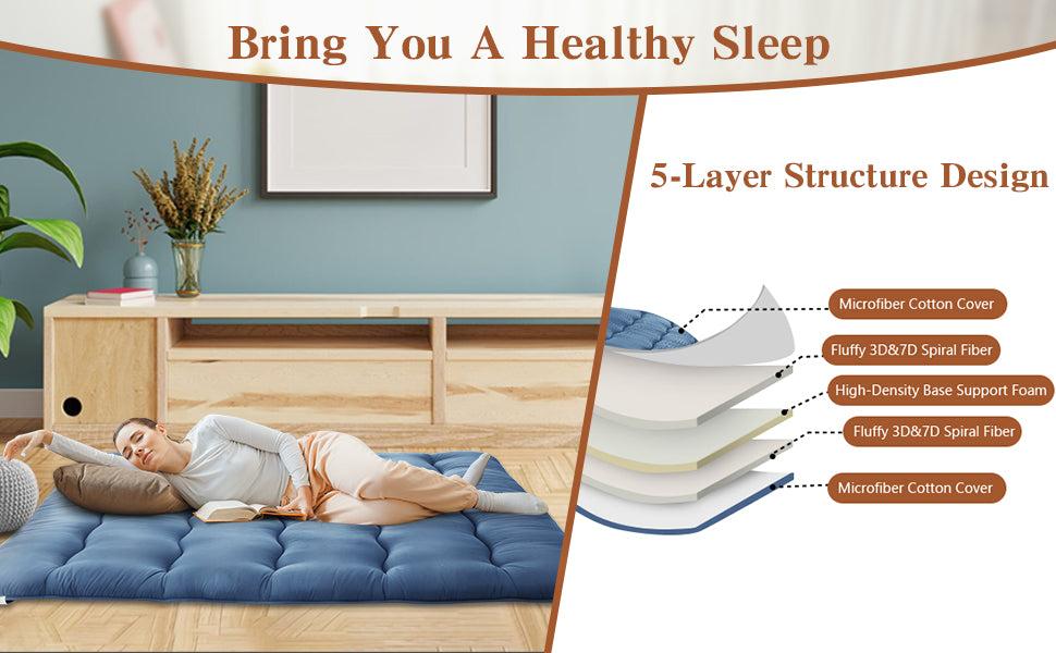 【GARVEE】Thickened 5-Layer Floor Mattress - Non-Slip Wave Pattern Base - Japanese Futon Mattress Rollable Futon for Travel, Floor Sleeping, or Temporary Bedding