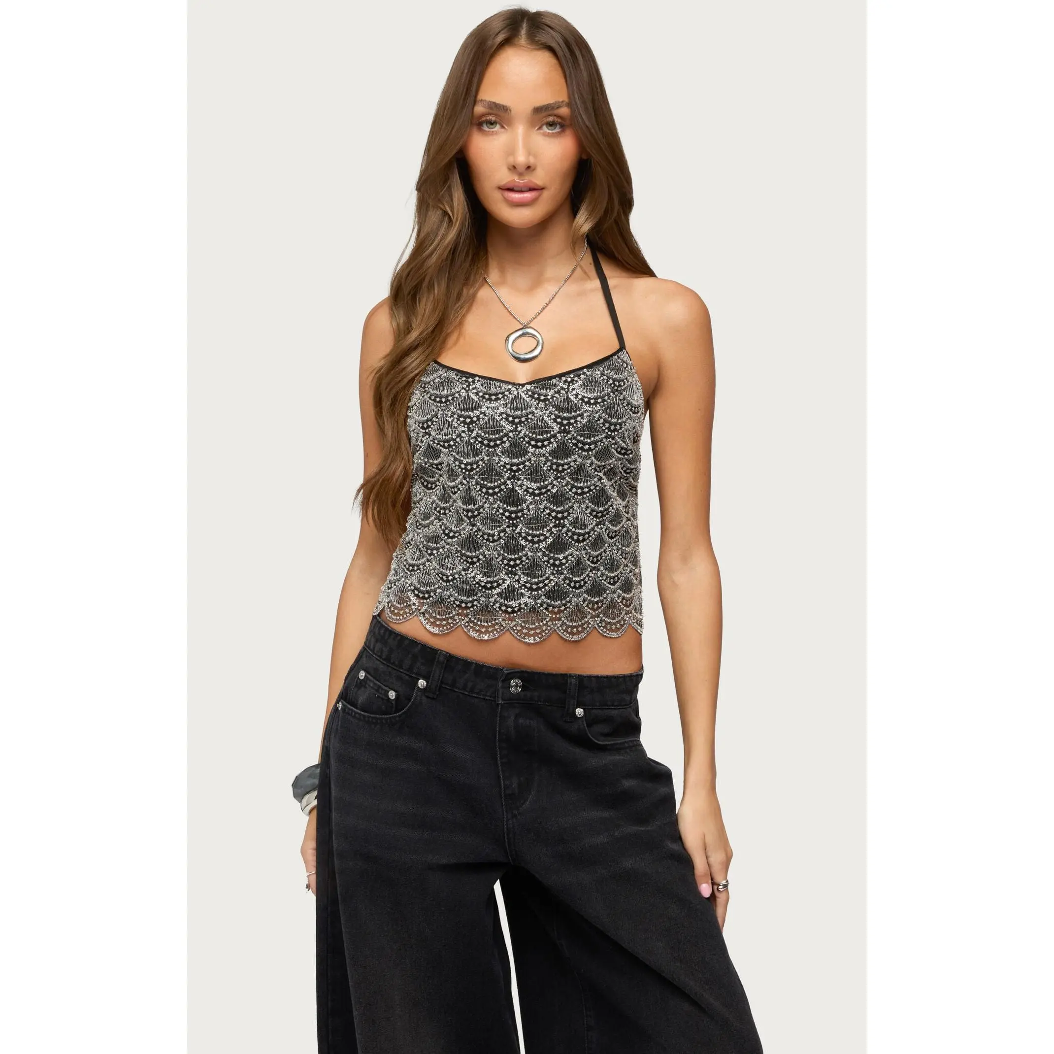 Edikted Women's Naira Beaded Scalloped Halter Top