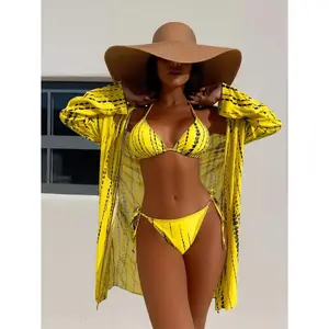 Women's 2-Piece Yellow Triangle Beachy Bikinis Set - Colorful Tropical-Themed Print, Sheer Cover Up, Adjustable Straps, Fully Lined, Multi-Size Print Bikinis for Summer Vacation, Colorful Bikinis Set