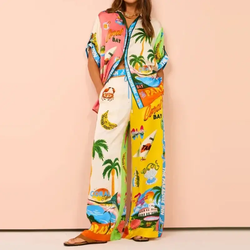2026 Spring New Women's Clothing Set Printed Batwing Sleeve Waist-Cinching Wide-Leg Pants Set 2026 Spring New Women's Clothing Set Printed Batwing Sleeve Waist-Cinching Wide-Leg Pants Set