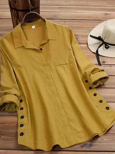 New Plus Size Women's Striped Button Front Faux Pocket Long Sleeve Shirt, Loose Fit Spring & Fall Fashion, Casual Style Blouse