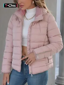 Giolshon Women's Short Hooded Commute Jacket Coats - Warm Minimalist Stand Collar Casual Womenswear Outfits, Fit for Everyday Wear, Fitted, Functional Drawstring Lightweight Outerwear