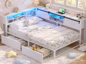 Corner Bed Frame with Ample Storage Drawers Farmhouse Heavy Duty Twin Bed Frame with Bookcase Storage Reversible Metal Platform L Shaped Daybed with LED Charging Station for Teens Bedroom Guest Room Rustic Brown