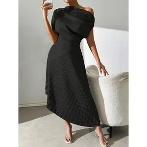 Women's one shoulder dress, elegant and unique solid color dress, suitable for party, vacation, wedding guests, all season women's clothing, women's clothing, formal women's clothingRAIMENTRY